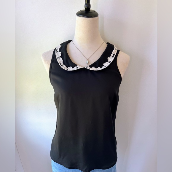 LC Lauren Conrad Tops - LC Lauren Conrad Black Sleeveless Top with Embroidered Collar